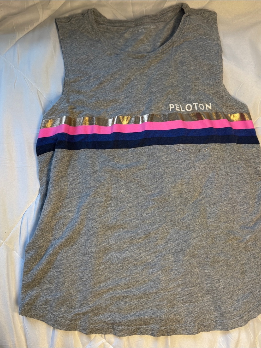 Peloton Kids' Grey Muscle Tank with Pink & Navy Stripes